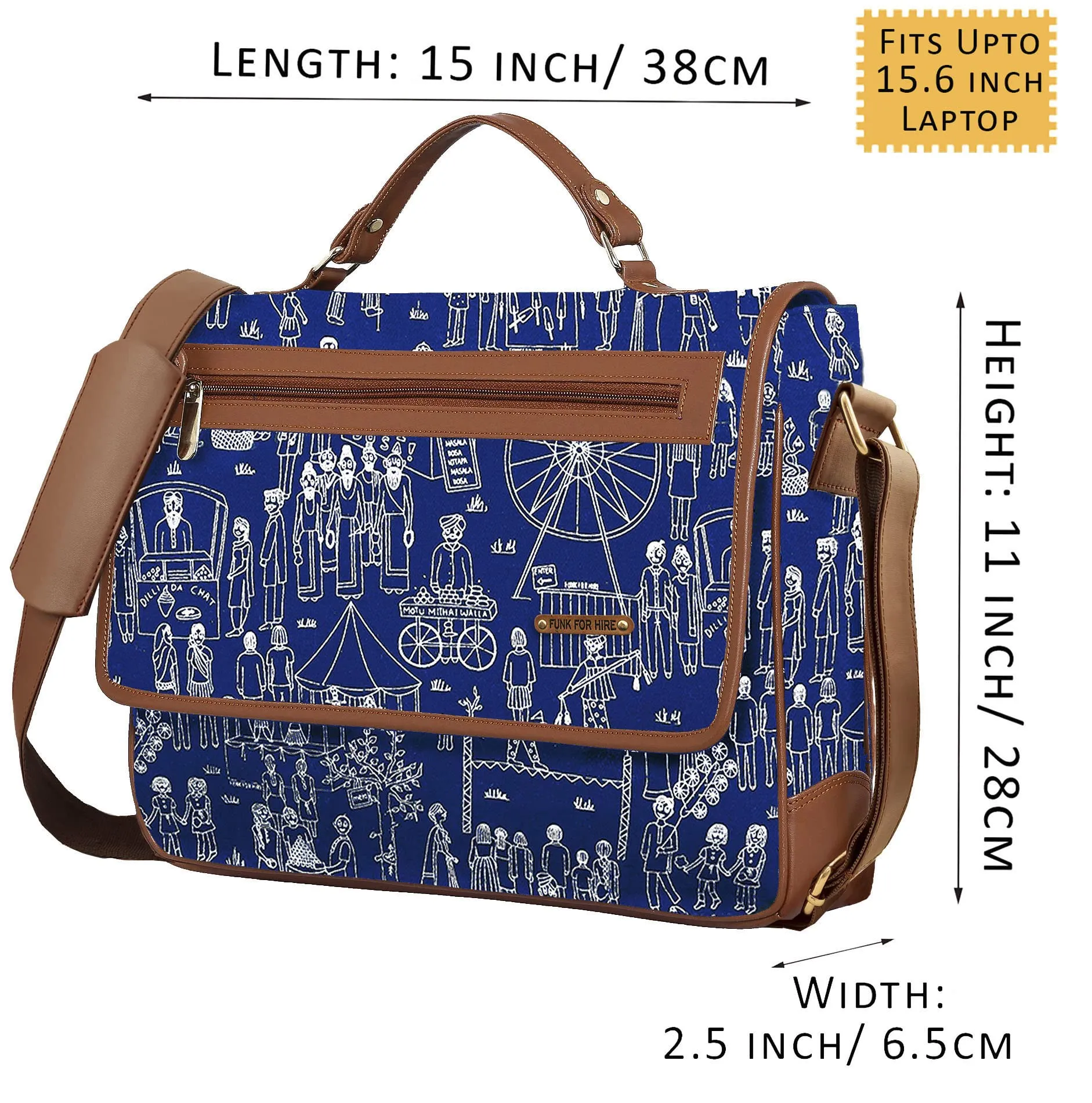 Funk For Hire Printed Flap Closure Petrol Blue Cotton Canvas & Faux Leather Laptop Sling Bag For Women - Fit Up To 15.6" Size