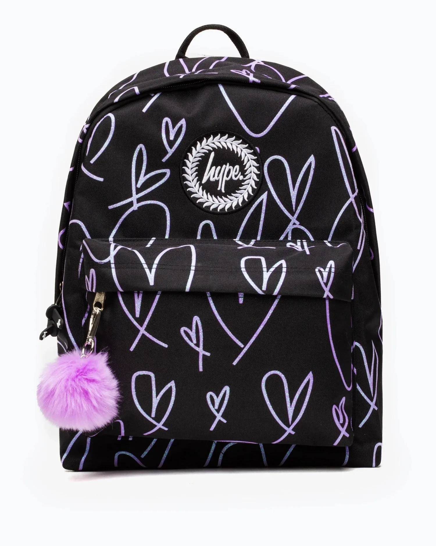 Glitter Scribble Heart Backpack in Black & Purple