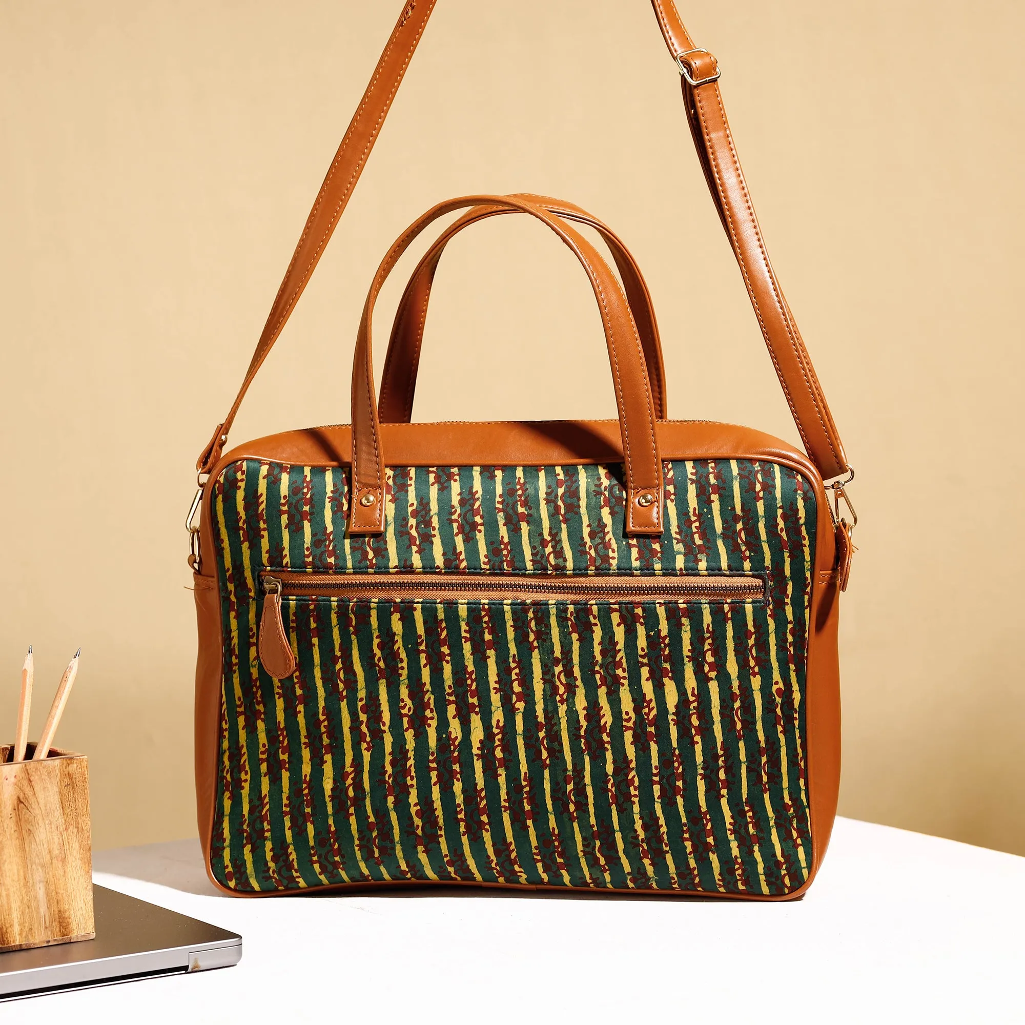 Green - Handcrafted Ajrakh Block Printed Modal Silk Laptop Bag (15 x 13 in)