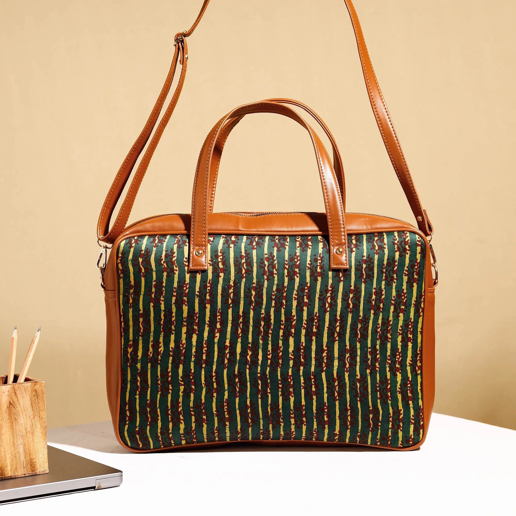 Green - Handcrafted Ajrakh Block Printed Modal Silk Laptop Bag (15 x 13 in)