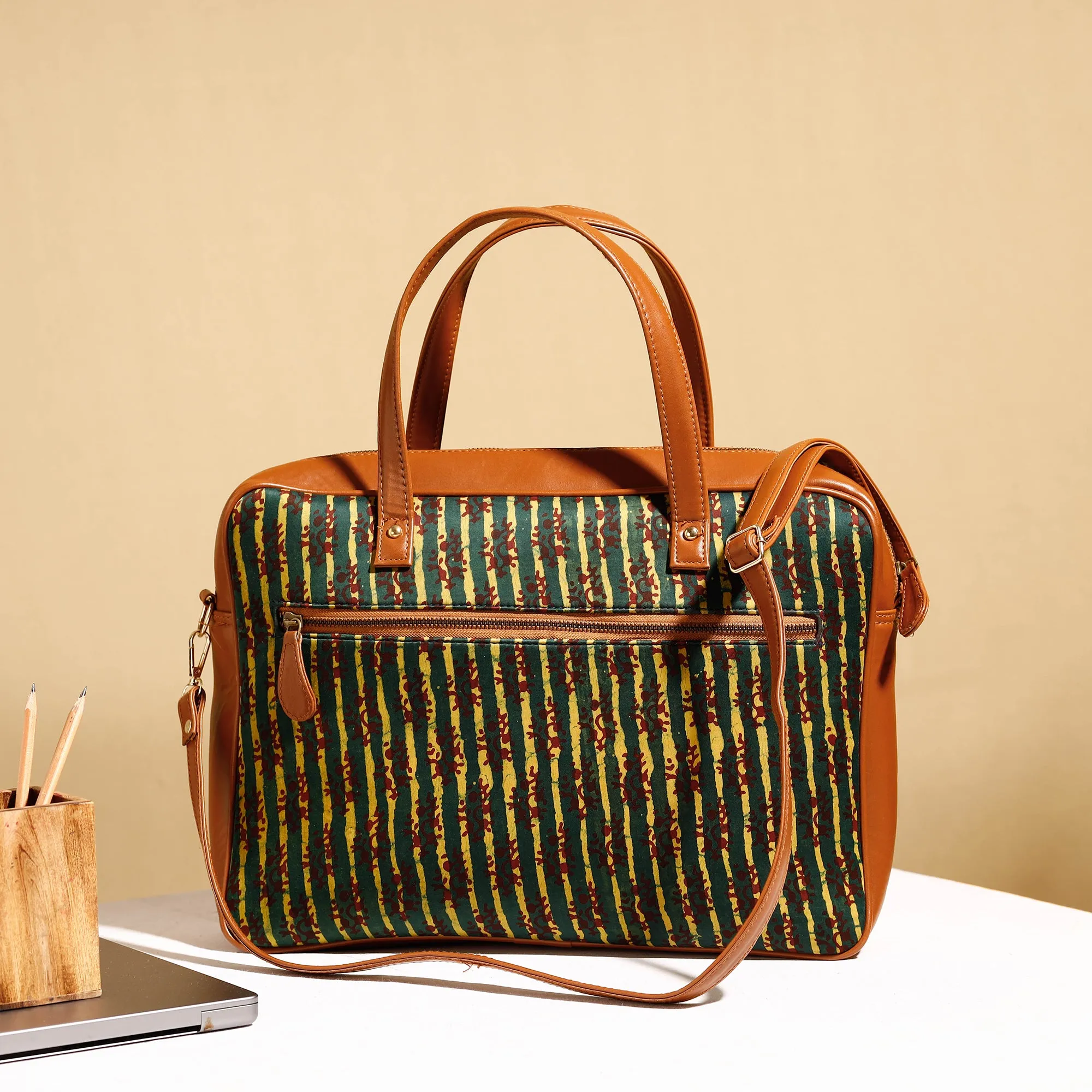 Green - Handcrafted Ajrakh Block Printed Modal Silk Laptop Bag (15 x 13 in)