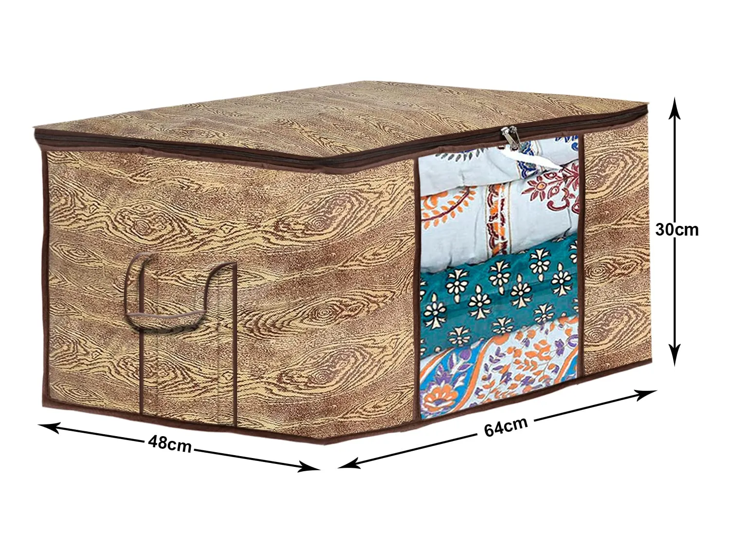 Heart Home Wooden Design Non-Woven Underbed, Strorage Organizer With Transparent Window- Pack of 12 (Brown)-44HH0516