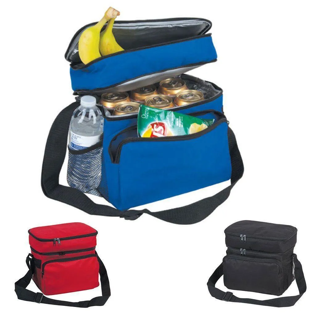 Insulated Lunch Box Cooler Bag 2 Compartments Beer Drink Water Strap Pockets 10inch