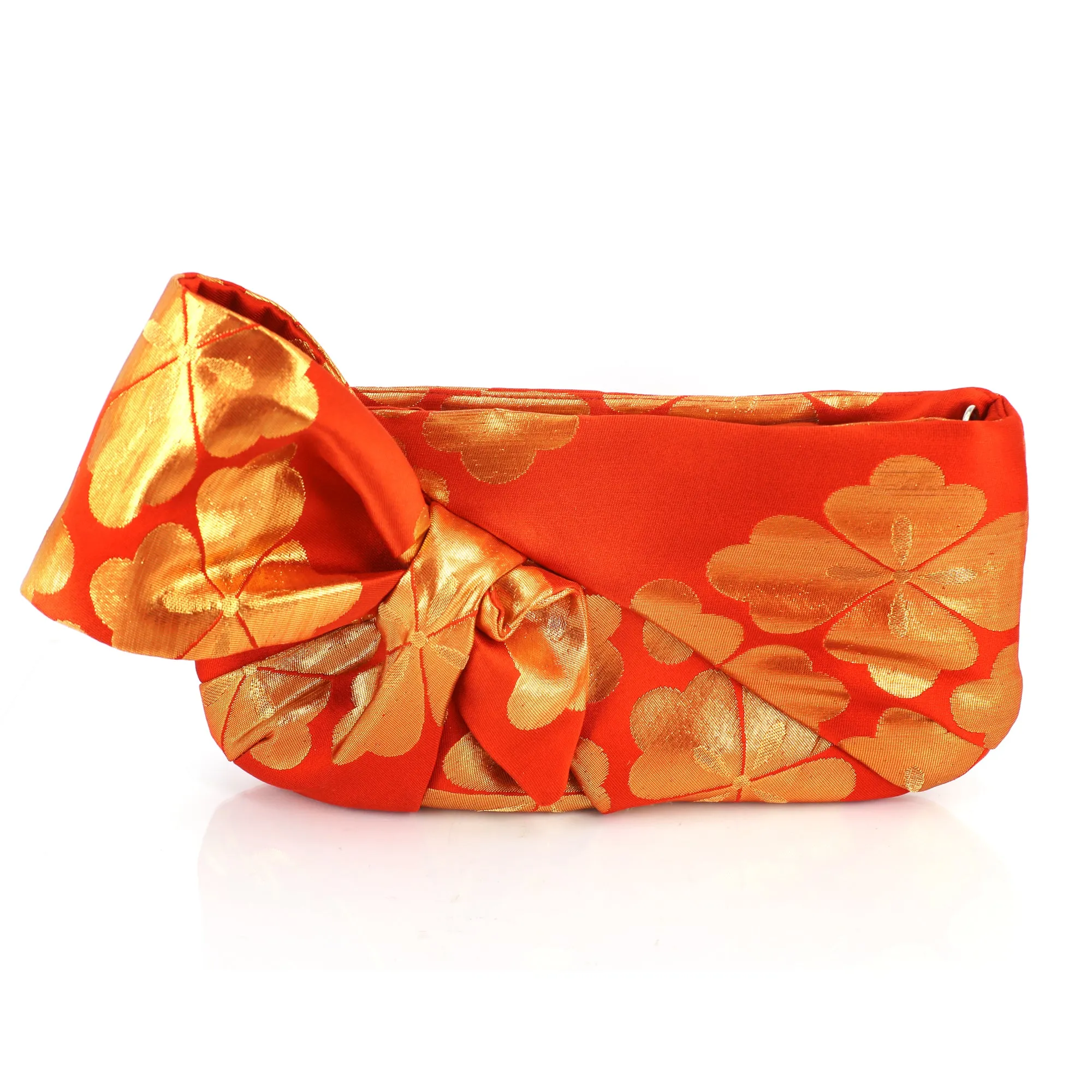 Kimono Obi Bow Clutch Bag | Chrysanthemum Gold and Orange | Upcycled from vintage Japanese Silk