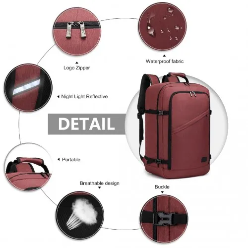 Kono Lightweight Cabin Bag Travel Business Backpack - Burgundy | 15.6" Laptop Compatible, Waterproof, Airline Approved