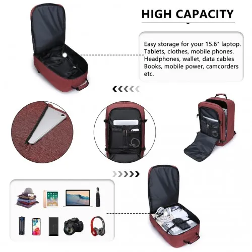 Kono Lightweight Cabin Bag Travel Business Backpack - Burgundy | 15.6" Laptop Compatible, Waterproof, Airline Approved