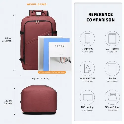 Kono Lightweight Cabin Bag Travel Business Backpack - Burgundy | 15.6" Laptop Compatible, Waterproof, Airline Approved