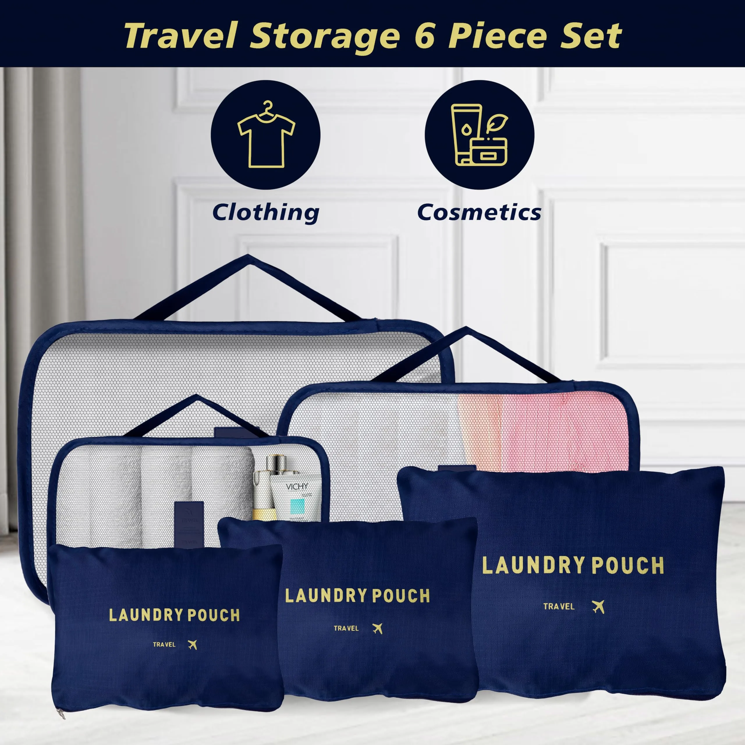 Kuber Industries 12 Pcs Travel Luggage Bag | Toiletry Bag for Jewellery-Watches-Bracelets | Multi-Purpose Storage Bag with Handle | Travel Utility Storage Pouches | LYN16-NVY | Navy Blue | Pack of 2