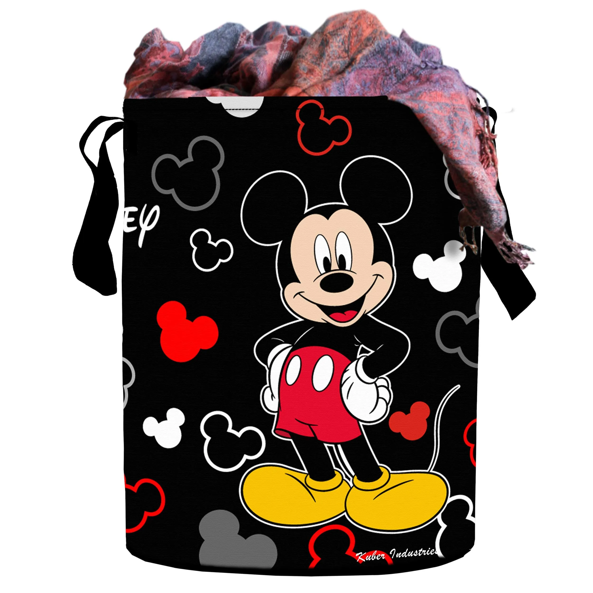 Kuber Industries Disney Print Round Waterproof Cotton Laundry Bag|Toy Storage|Laundry Basket Organizer with Handles, Capicity 45 L (Black)-KUBMART11619