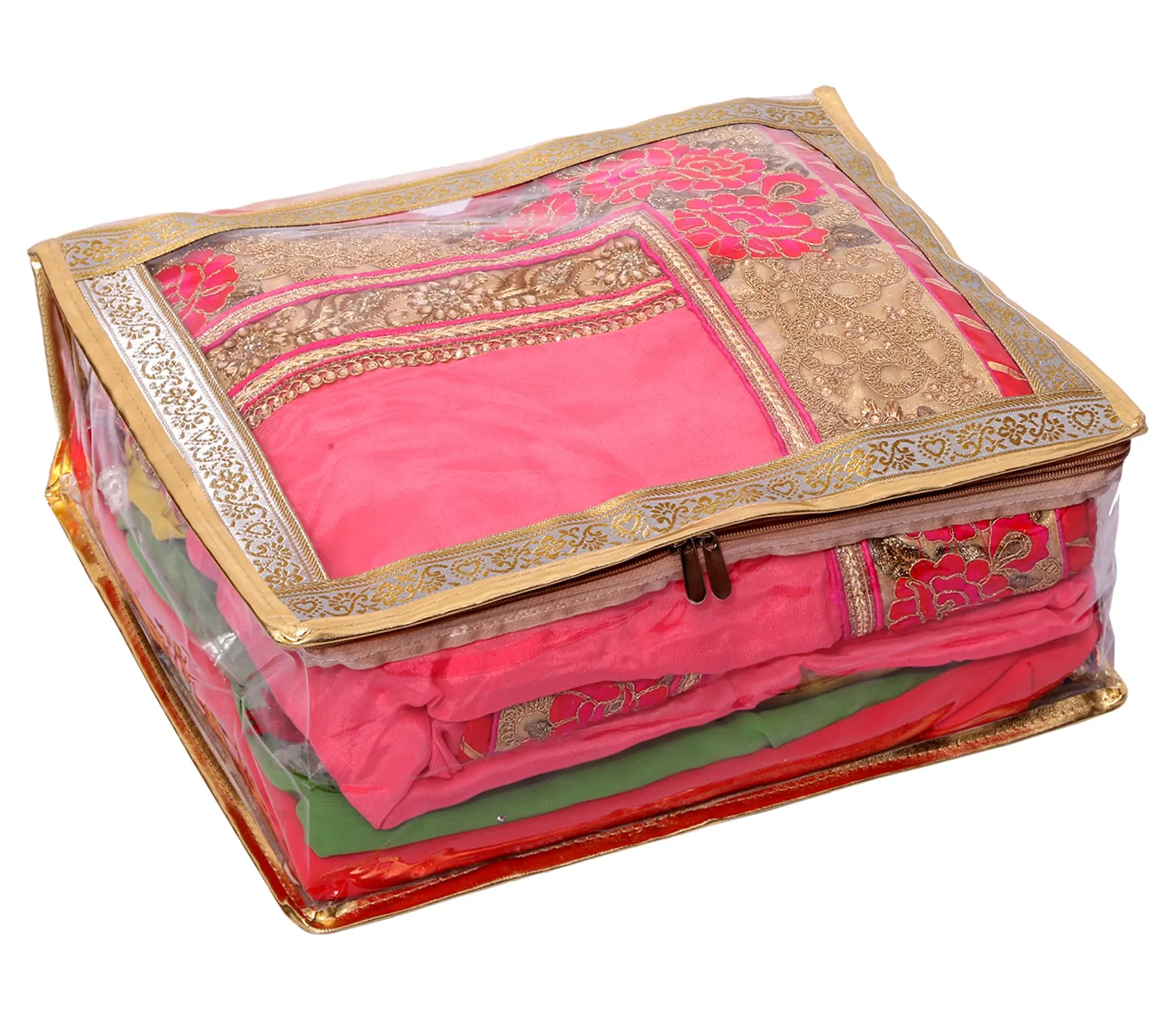 Kuber Industries Dot Printed Transparent PVC Rectangular Saree Cover/Storage Bag Organiser For Wardrobe (Gold)