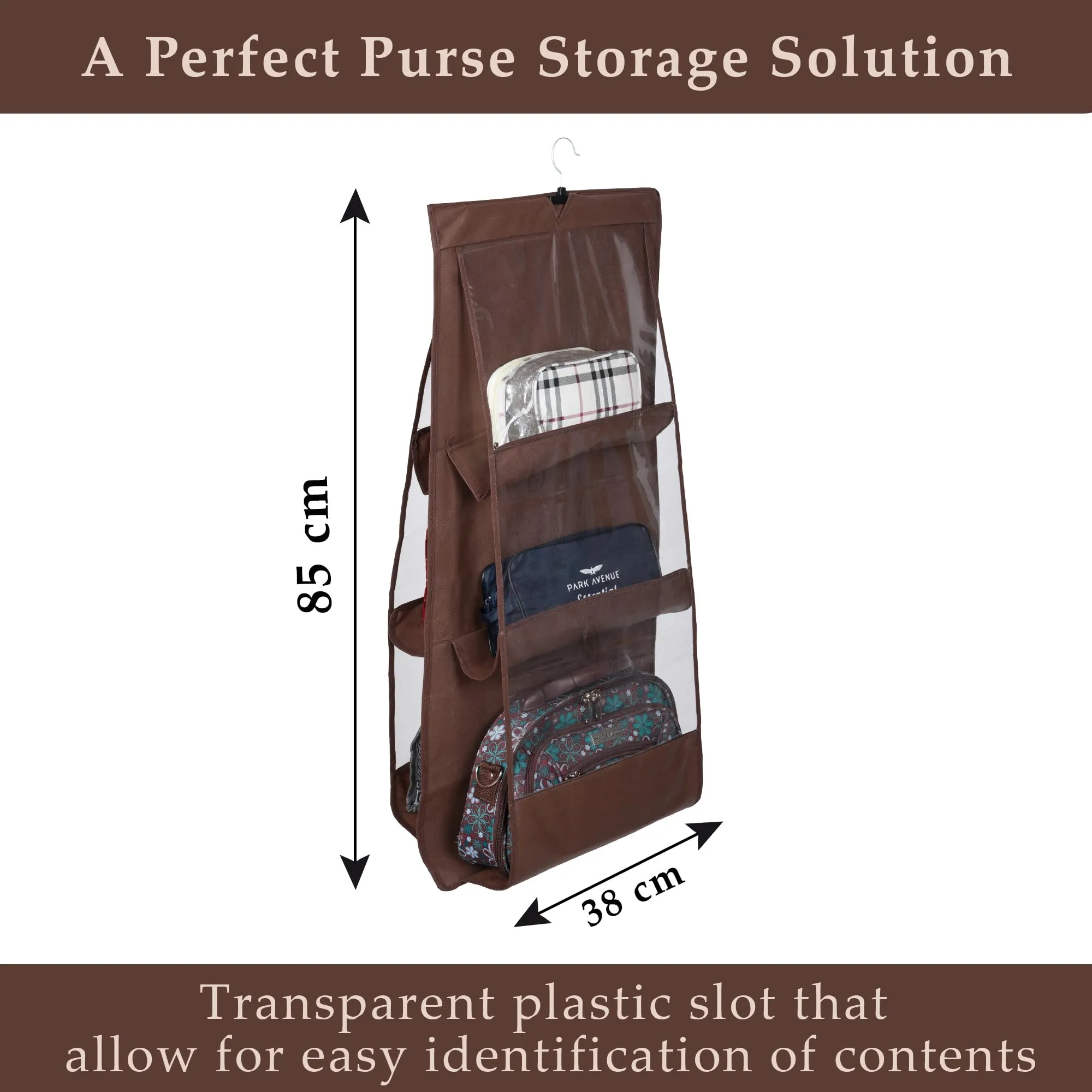 Kuber Industries Hanging Organizer | Handbag Organizer | Hanging Purse for Wardrobe | Transparent Clutch Organizer | Handbag Storage for Closet | 6 Pocket Storage Hanger | Brown