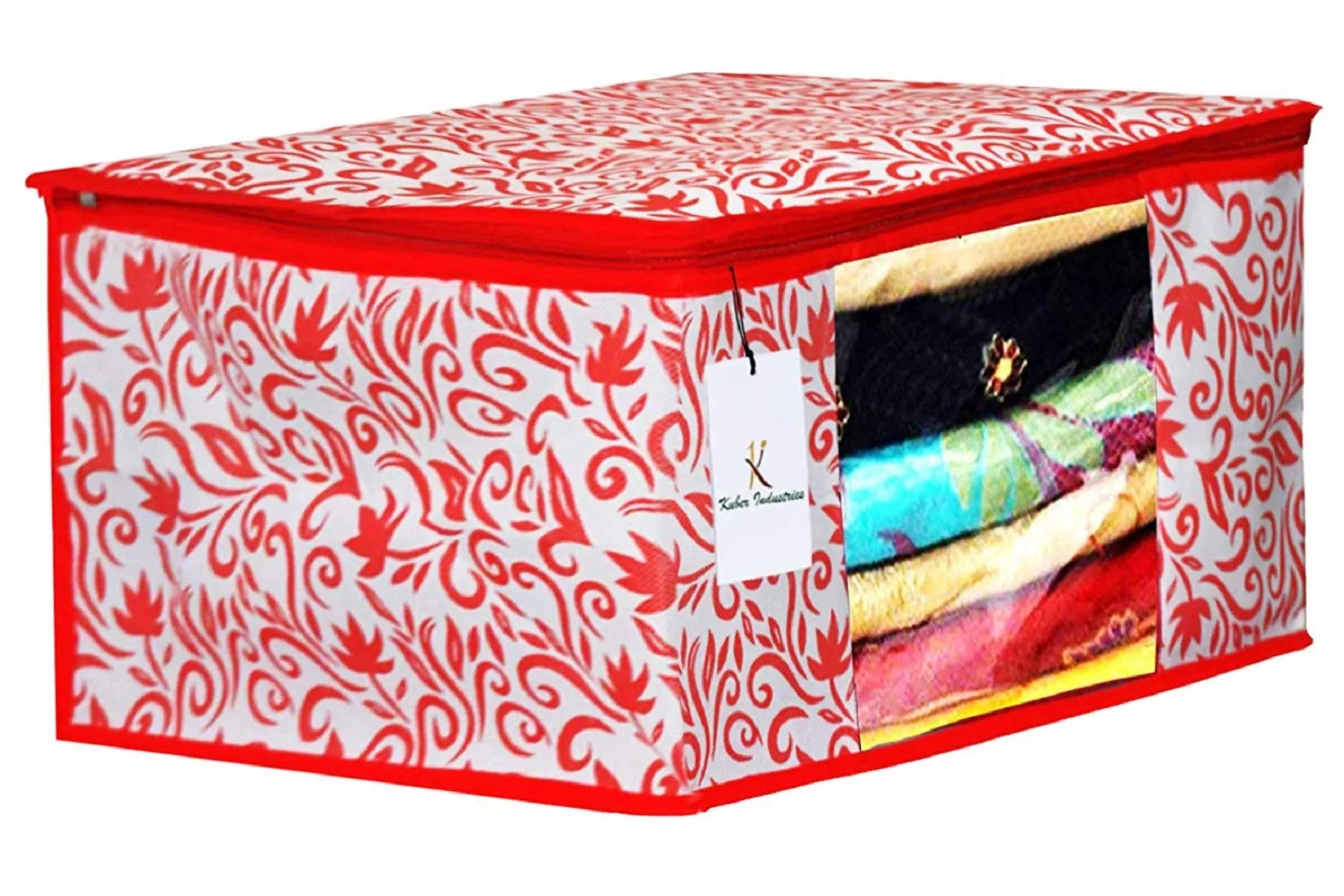 Kuber Industries Leaf Design Non Woven 6 Pieces Saree Cover and 6 Pieces Underbed Storage Bag, Cloth Organizer for Storage, Blanket Cover Combo Set (Red) -CTKTC038678