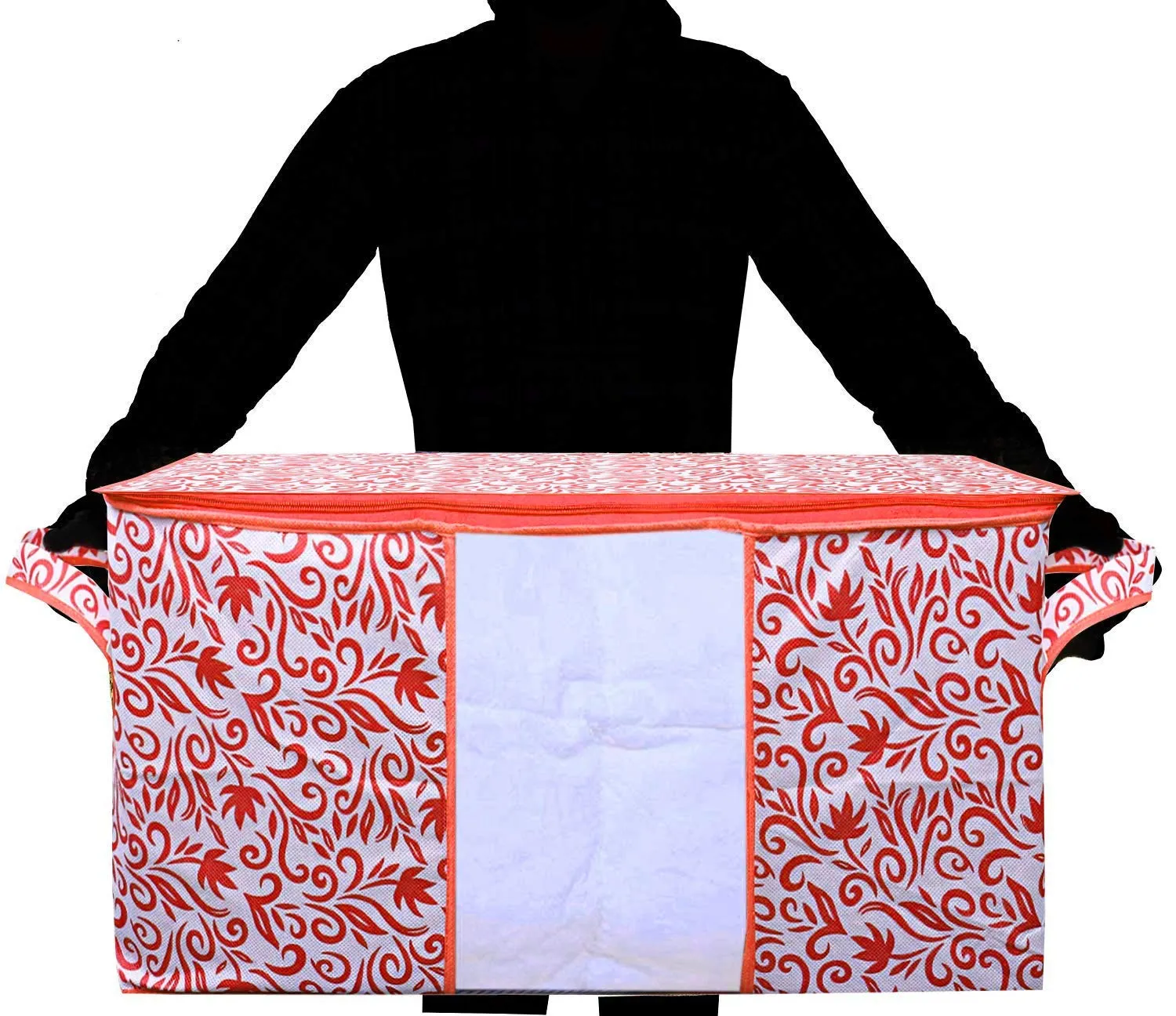 Kuber Industries Leaf Design Non Woven 6 Pieces Saree Cover and 6 Pieces Underbed Storage Bag, Cloth Organizer for Storage, Blanket Cover Combo Set (Red) -CTKTC038678