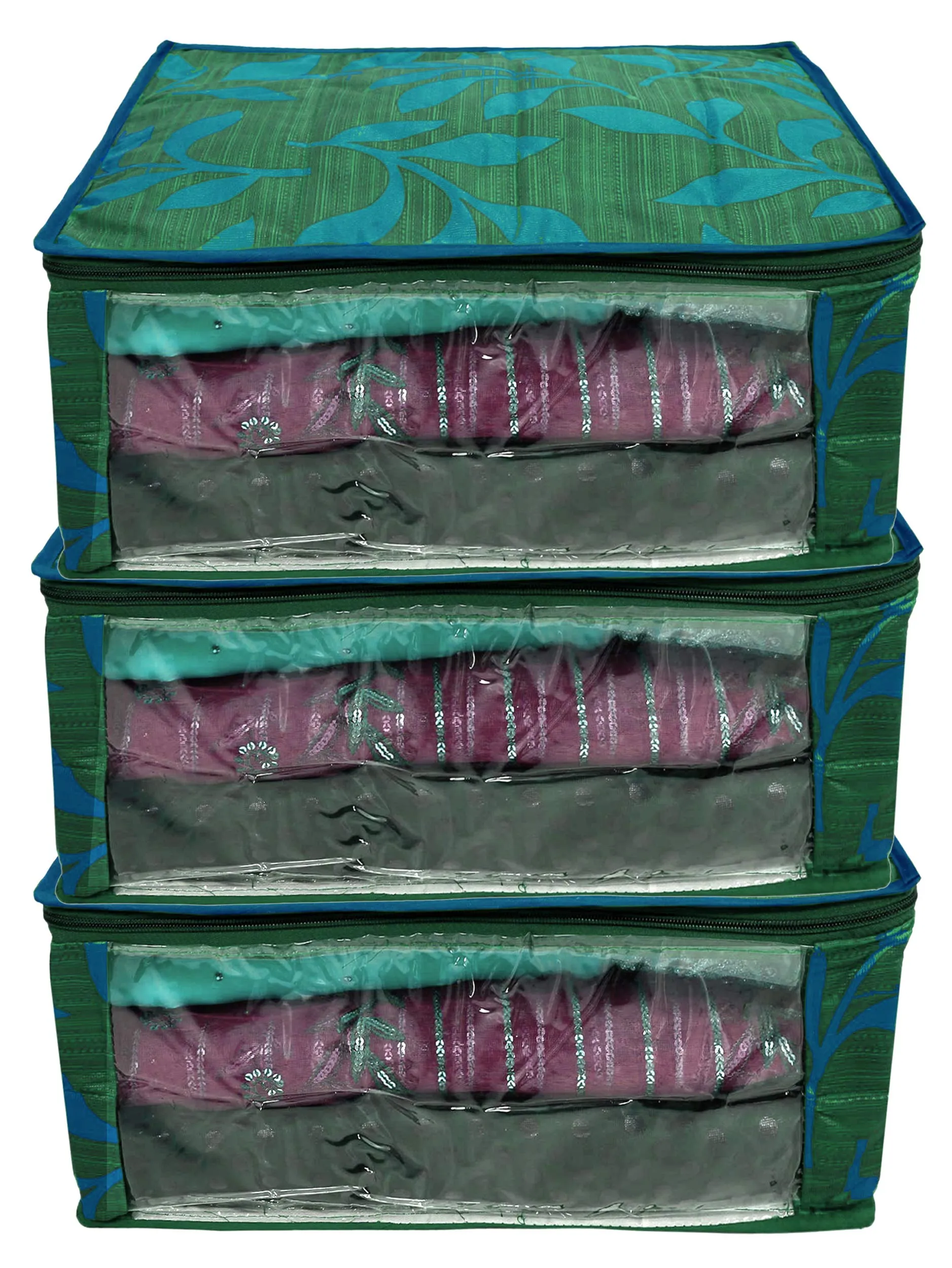 Kuber Industries Leaf Printed Satin Saree Cover Storage Bags for Clothes, Saree Organizer for Wardrobe, Organizers for Clothes-Pack of 3 (Green)