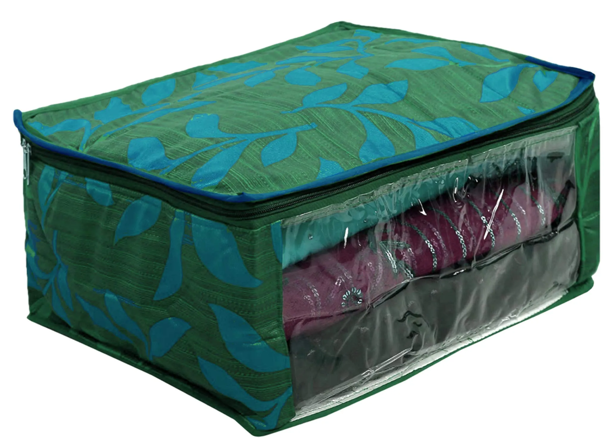 Kuber Industries Leaf Printed Satin Saree Cover Storage Bags for Clothes, Saree Organizer for Wardrobe, Organizers for Clothes-Pack of 3 (Green)