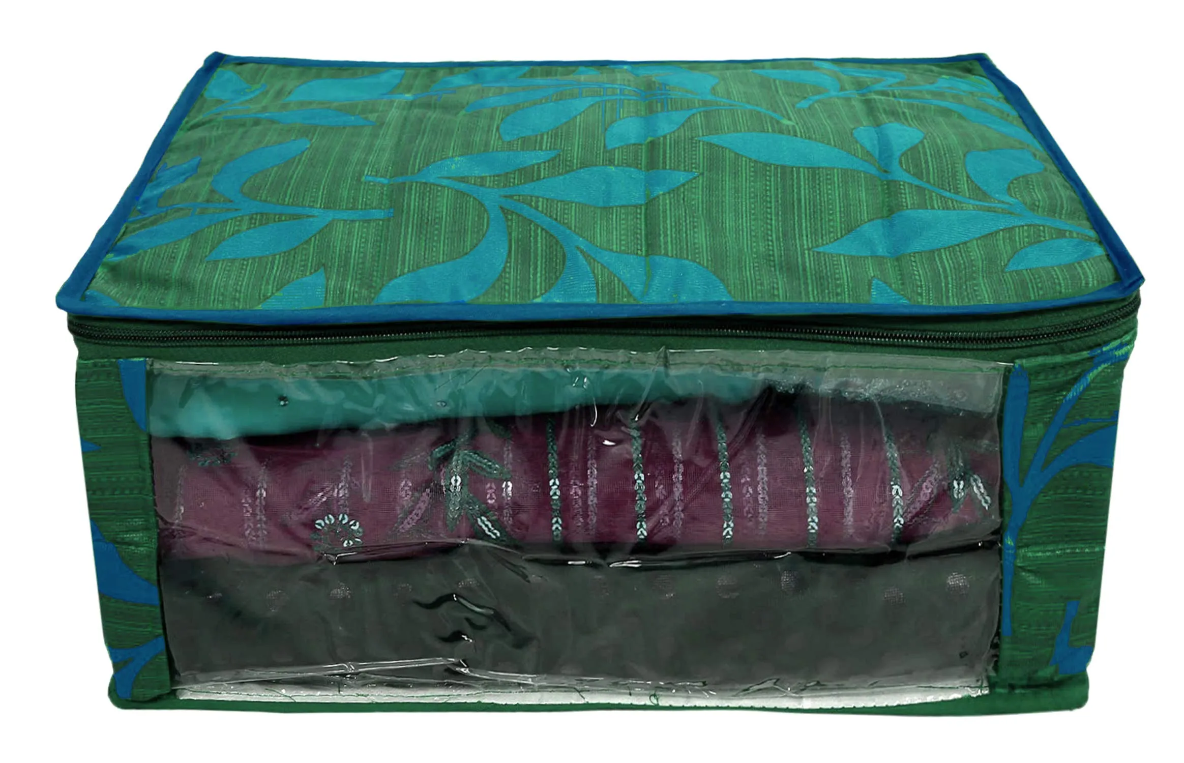 Kuber Industries Leaf Printed Satin Saree Cover Storage Bags for Clothes, Saree Organizer for Wardrobe, Organizers for Clothes-Pack of 3 (Green)