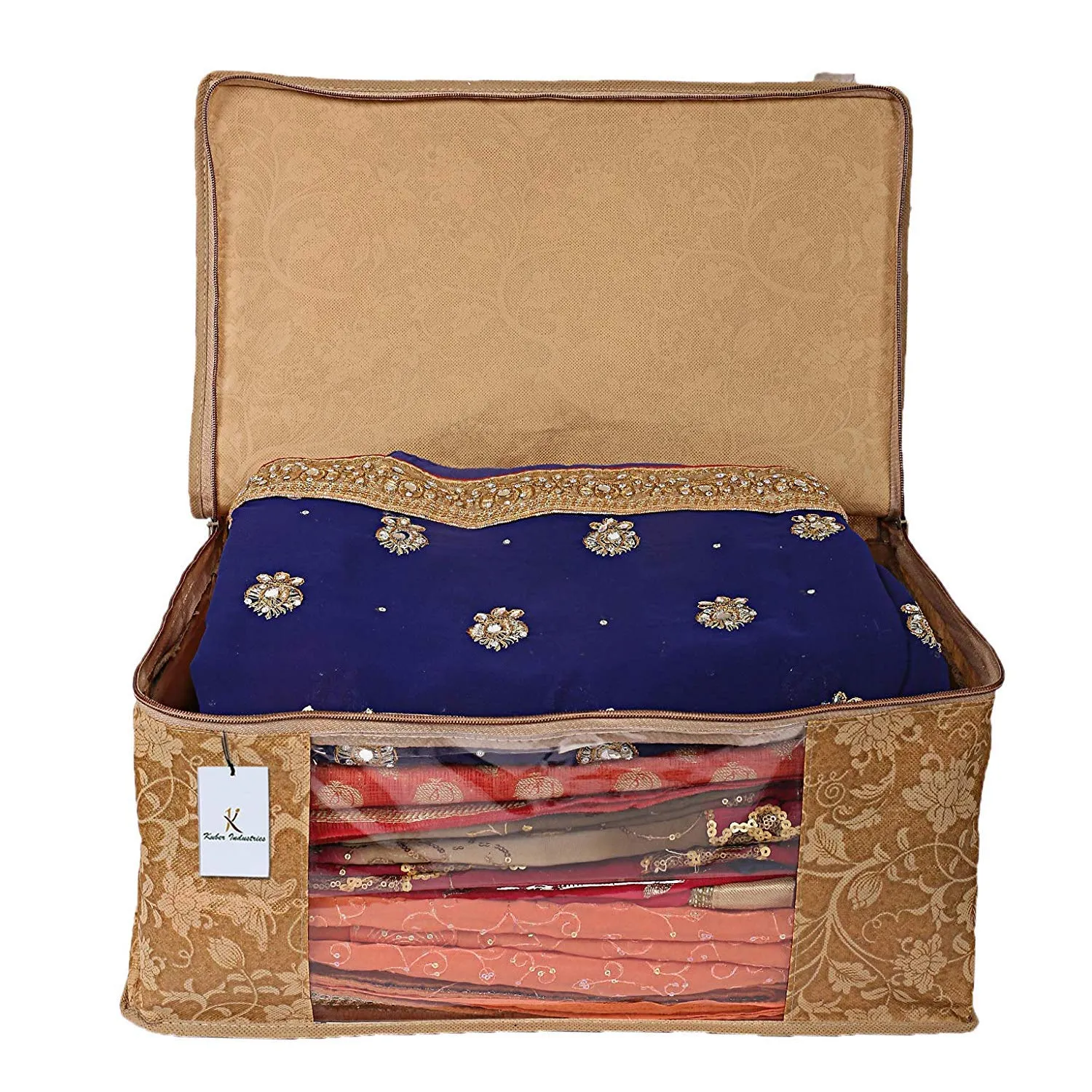 Kuber Industries Metallic Printed Non Woven 6 Pieces Saree Cover and 6 Pieces Underbed Storage Bag, Cloth Organizer for Storage, Blanket Cover Combo Set (Beige) -CTKTC38570