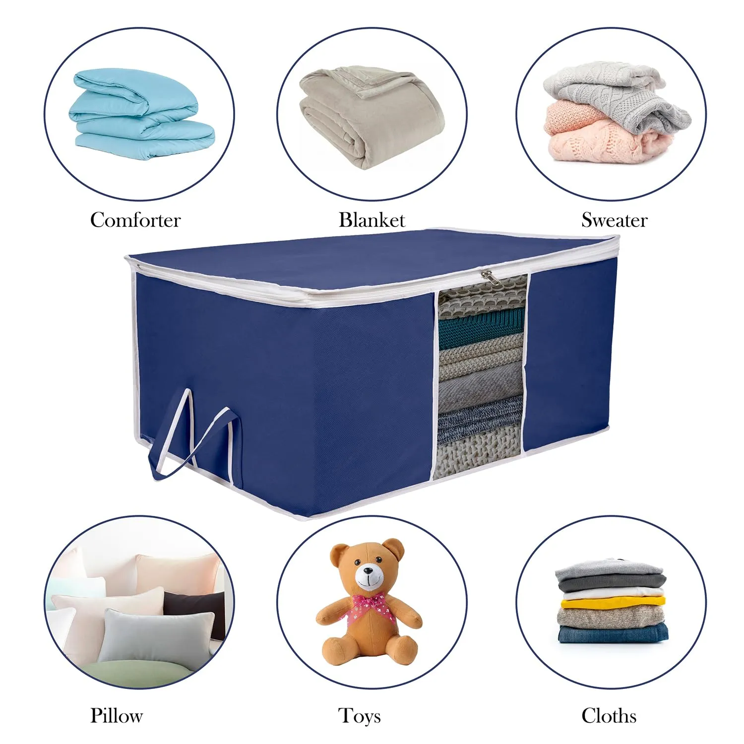 Kuber Industries Underbed Storage Bag | Clothes Storage Organizer | Blanket Cover with Clear Window | Zipper Closure & Handle Cloth Organizer | Plain White Border | Large | Pack of 2 | Navy Blue