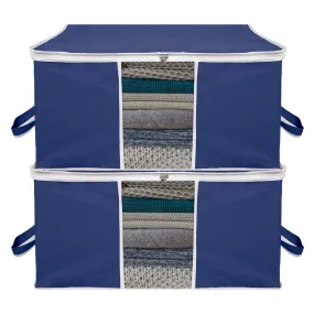 Kuber Industries Underbed Storage Bag | Clothes Storage Organizer | Blanket Cover with Clear Window | Zipper Closure & Handle Cloth Organizer | Plain White Border | Large | Pack of 2 | Navy Blue