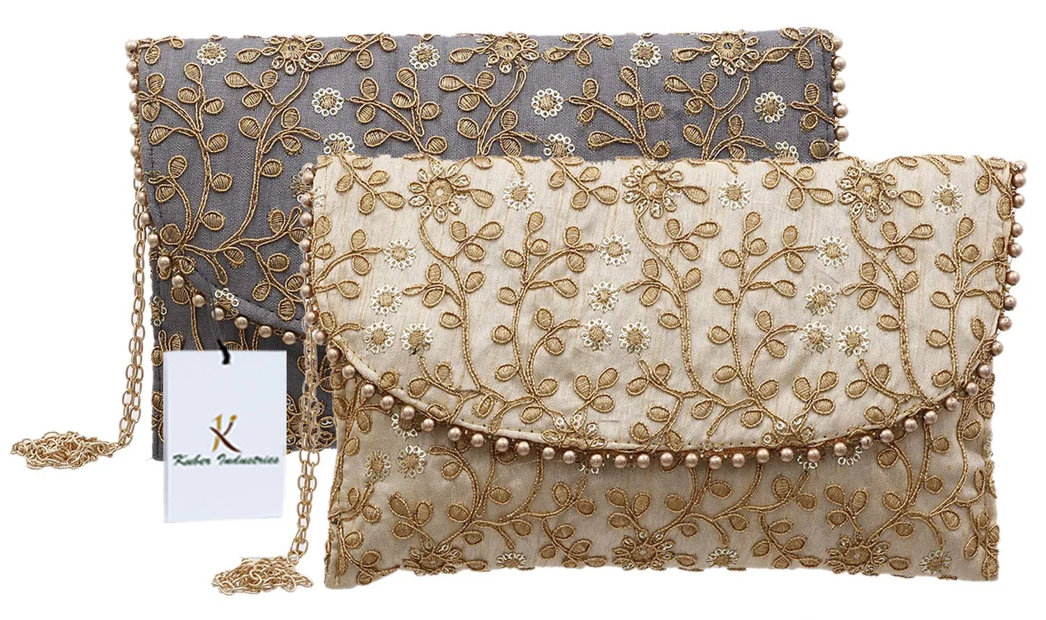 Kuber Industries Women's Handcrafted Embroidered Clutch Bag (CTKTC034533, Cream and Grey) - 2 Pieces