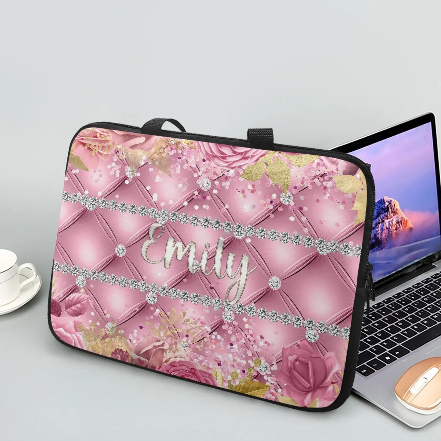 Laptop Sleeve with handles - Pink Floral - Personalised