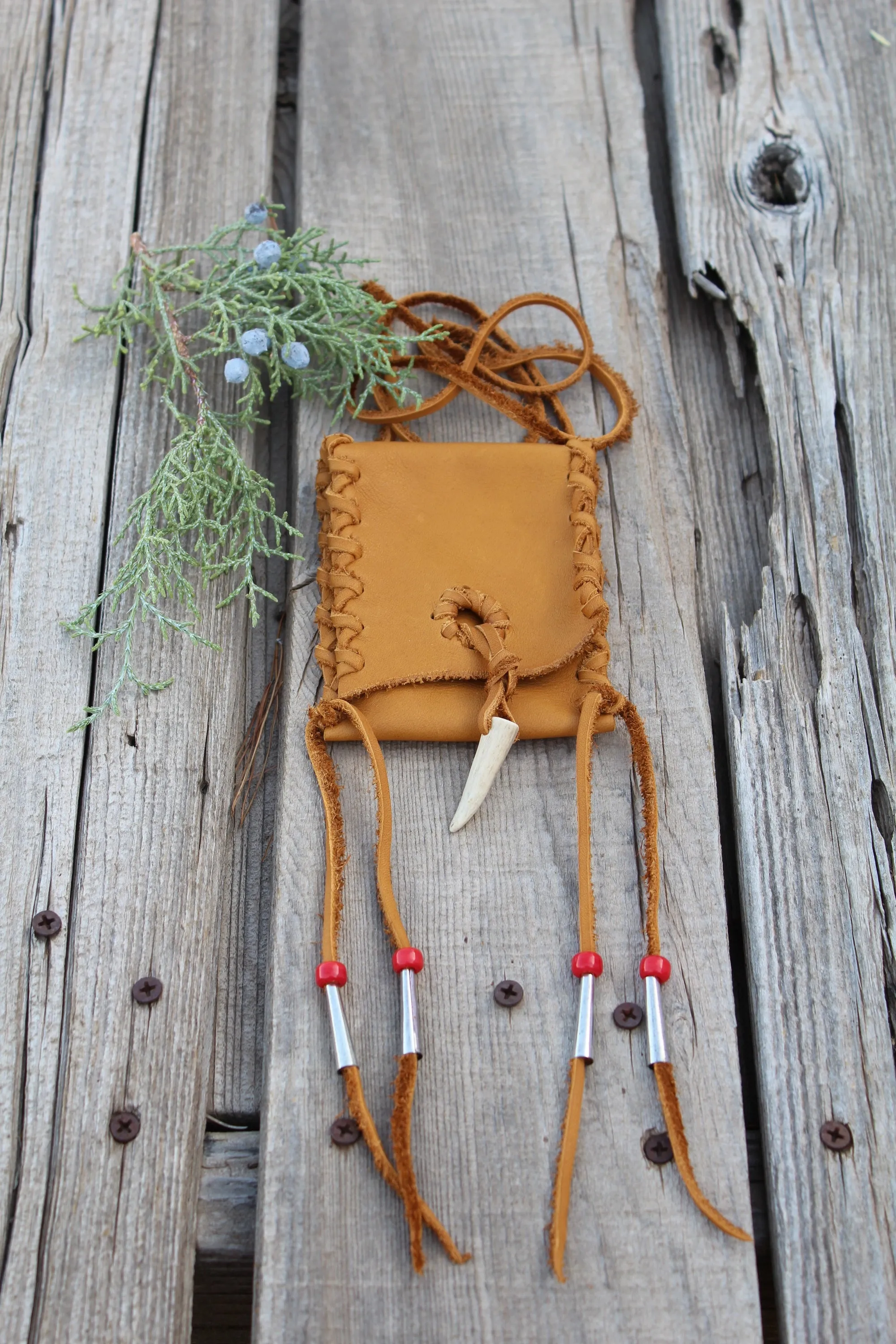 Leather necklace bag, medicine bag