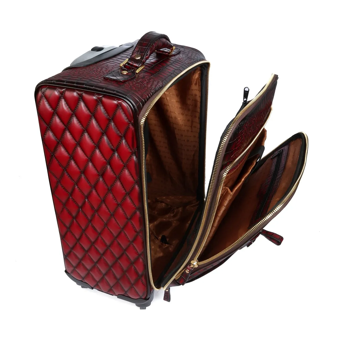 Luxury Wine Croco Print With Diamond Stitched Quad Wheel Cabin Luggage Strolley Leather Bag by Brune & Bareskin