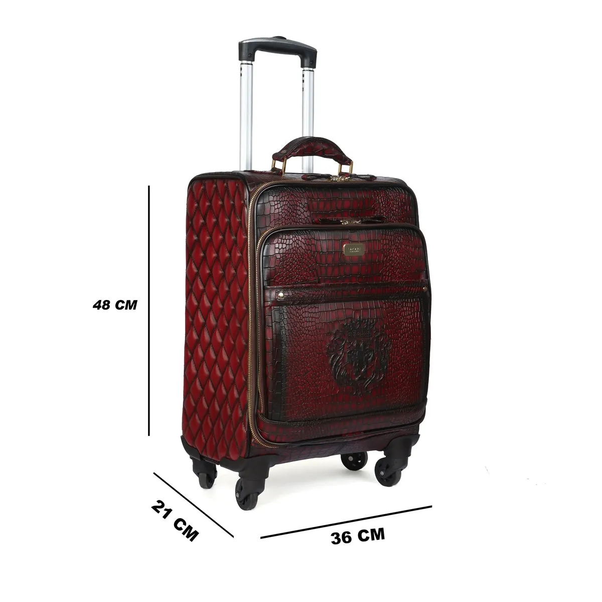 Luxury Wine Croco Print With Diamond Stitched Quad Wheel Cabin Luggage Strolley Leather Bag by Brune & Bareskin