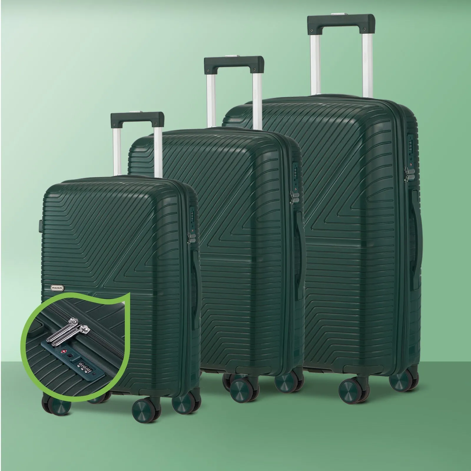 Mazam 3PCS Luggage Suitcase Trolley Set Travel Green PP Case TSA Lock Storage