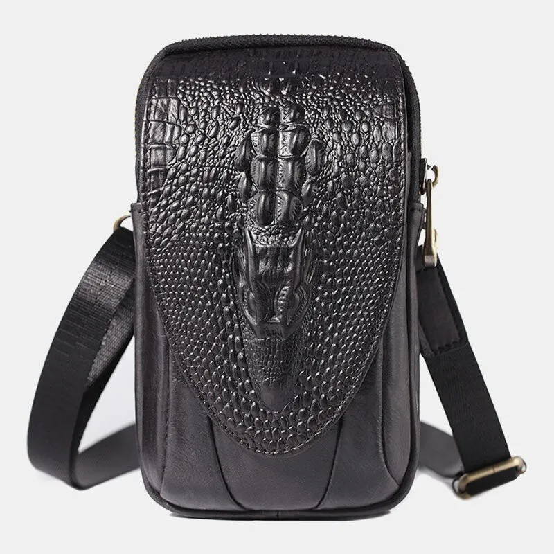 Men Crocodile Pattern Double Layer Zipper Crossbody Bags Multifunction Large Capacity Phone Bag Leather Waist With Hook