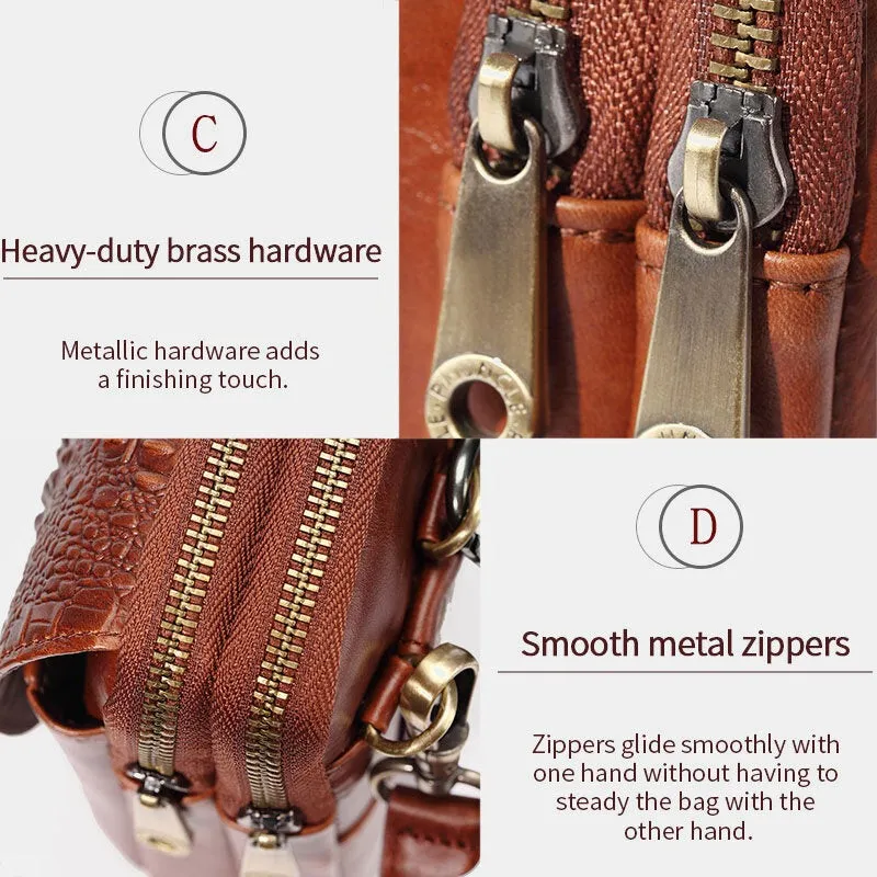 Men Crocodile Pattern Double Layer Zipper Crossbody Bags Multifunction Large Capacity Phone Bag Leather Waist With Hook