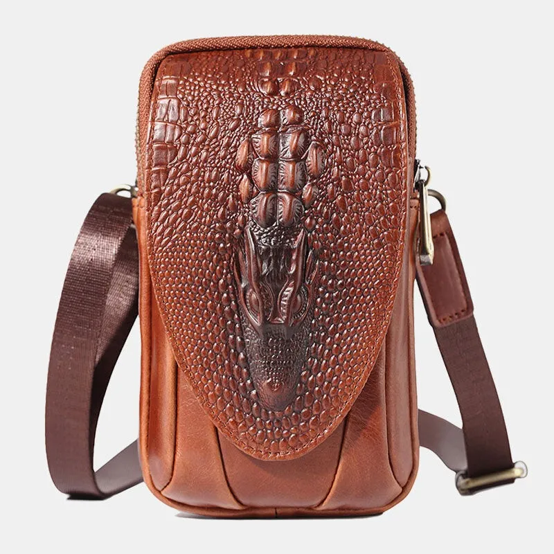 Men Crocodile Pattern Double Layer Zipper Crossbody Bags Multifunction Large Capacity Phone Bag Leather Waist With Hook