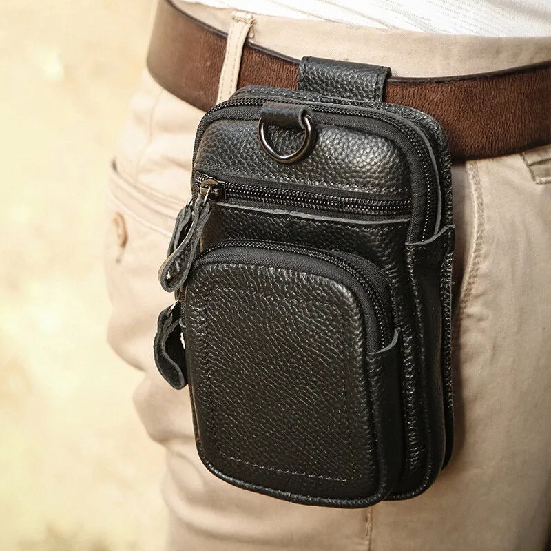 Men Genuine Leather Multi-pocket Belt Bag Retro 6.5 Inch Phone Waist With Hook