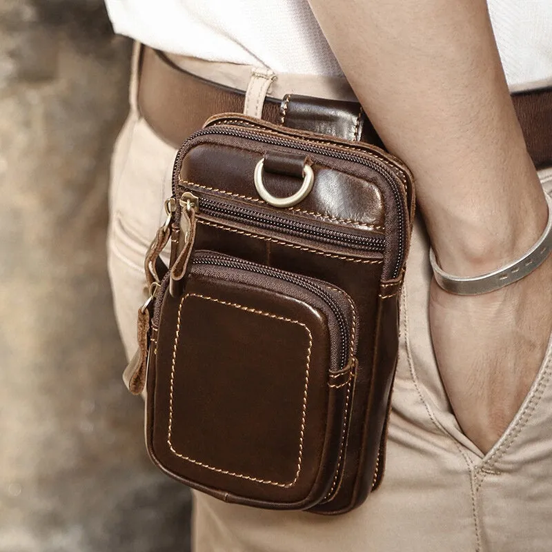 Men Genuine Leather Multi-pocket Belt Bag Retro 6.5 Inch Phone Waist With Hook