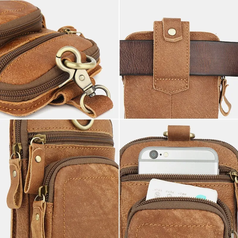 Men Genuine Leather Multi-pocket Belt Bag Retro 6.5 Inch Phone Waist With Hook