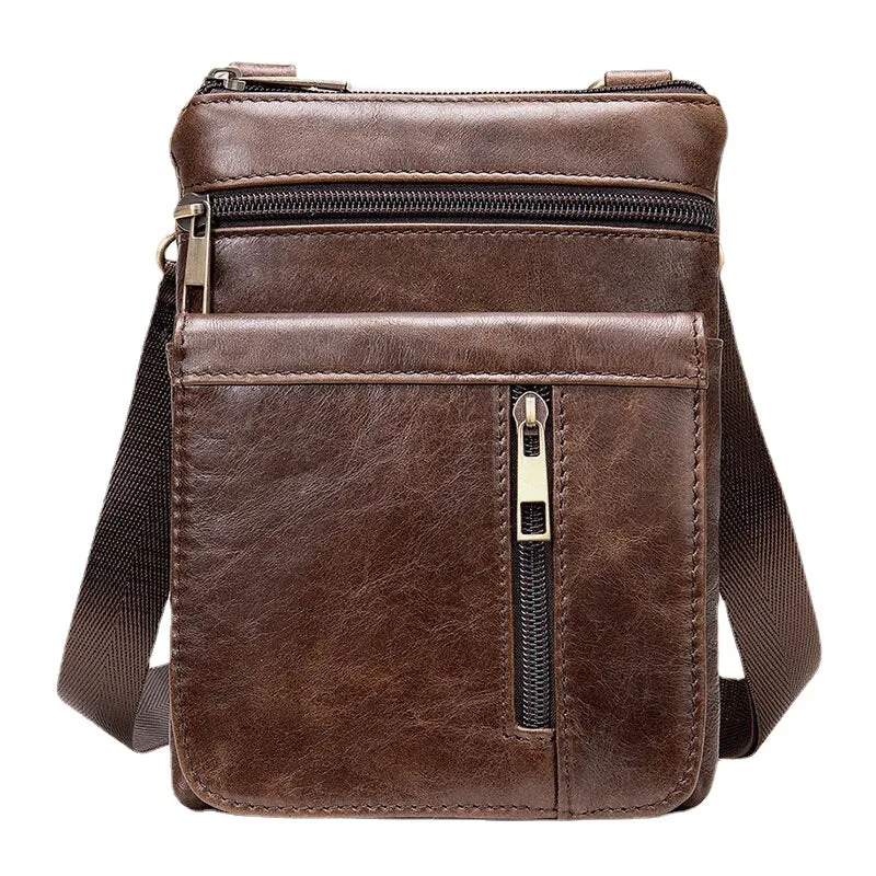 Men Genuine Leather Retro Business Solid Color Zipper Crossbody Bag SHoulder