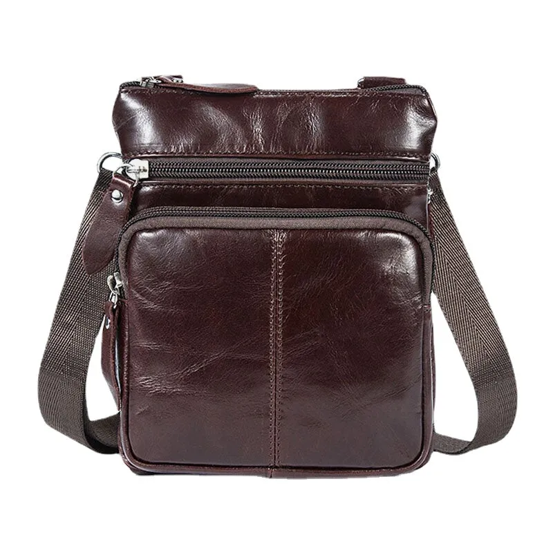 Men Genuine Leather Retro Business Solid Color Zipper Crossbody Bag SHoulder