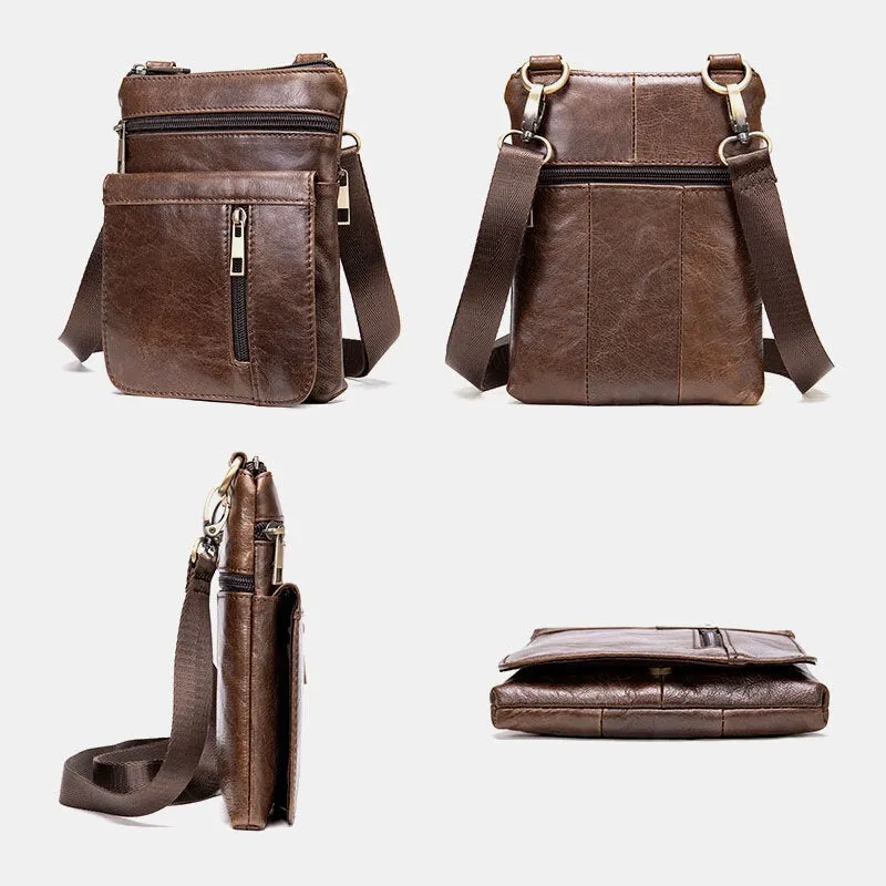 Men Genuine Leather Retro Business Solid Color Zipper Crossbody Bag SHoulder