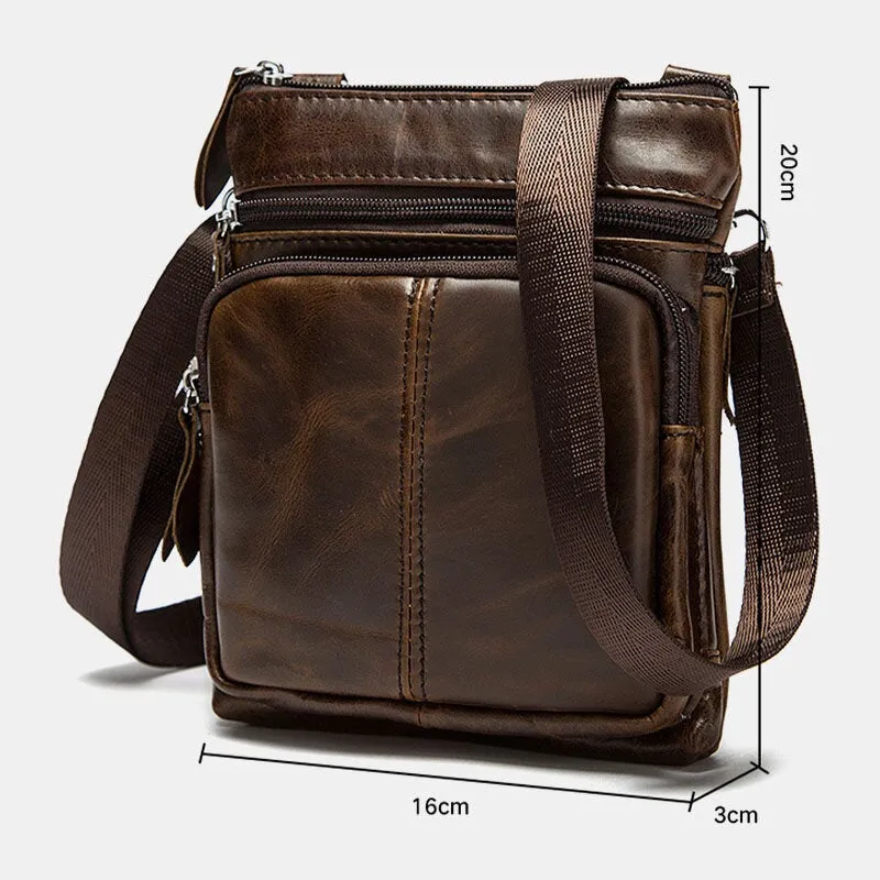 Men Genuine Leather Retro Business Solid Color Zipper Crossbody Bag SHoulder