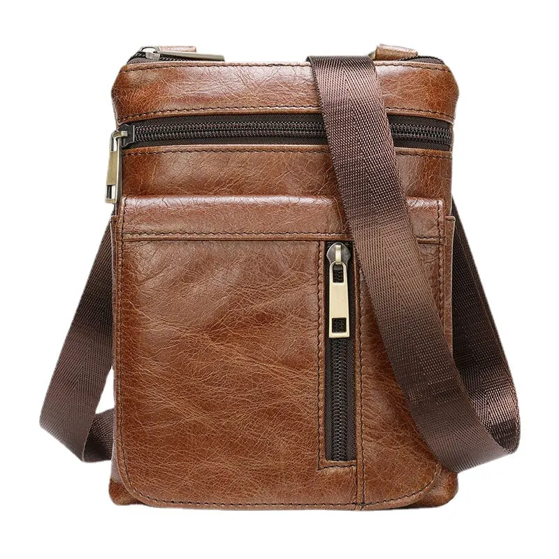 Men Genuine Leather Retro Business Solid Color Zipper Crossbody Bag SHoulder