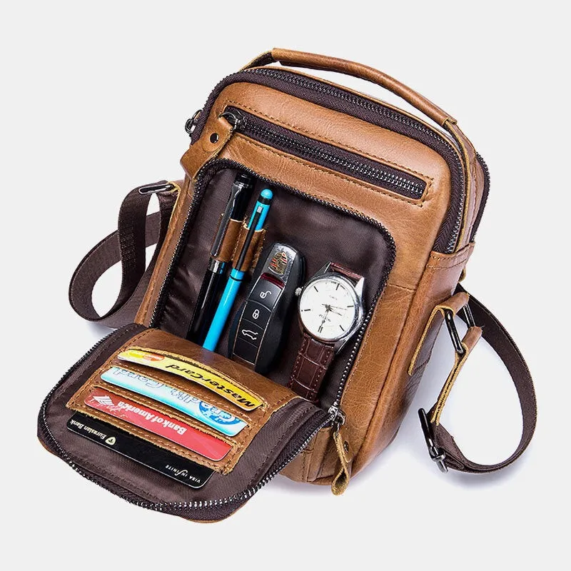 Men Multi-pocket Genuine Leather Crossbody Bags Back Anti-theft Pocket Design Wear-resistant Large Capacity Messenger Bag Handbag