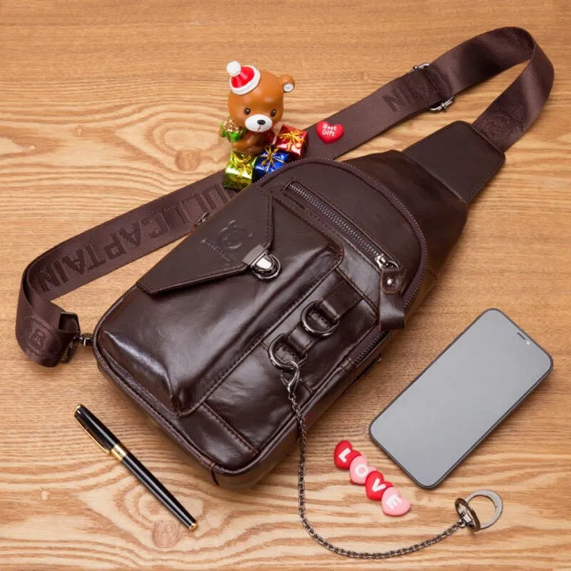 Men Multi-pocket Soft Leather Chest Bag Vintage Mobile Phone Holder Chain Crossbody Shoulder