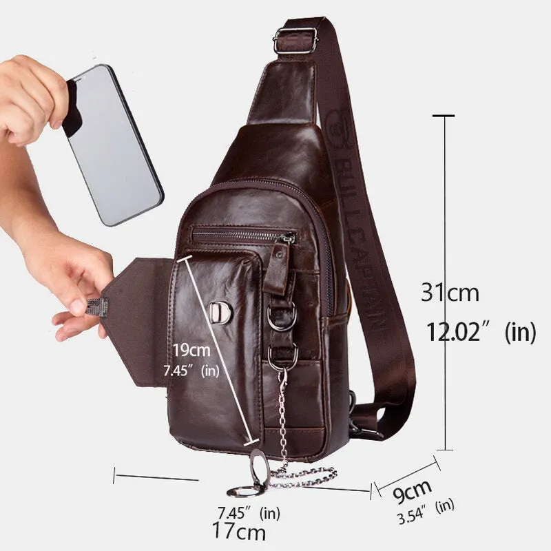 Men Multi-pocket Soft Leather Chest Bag Vintage Mobile Phone Holder Chain Crossbody Shoulder