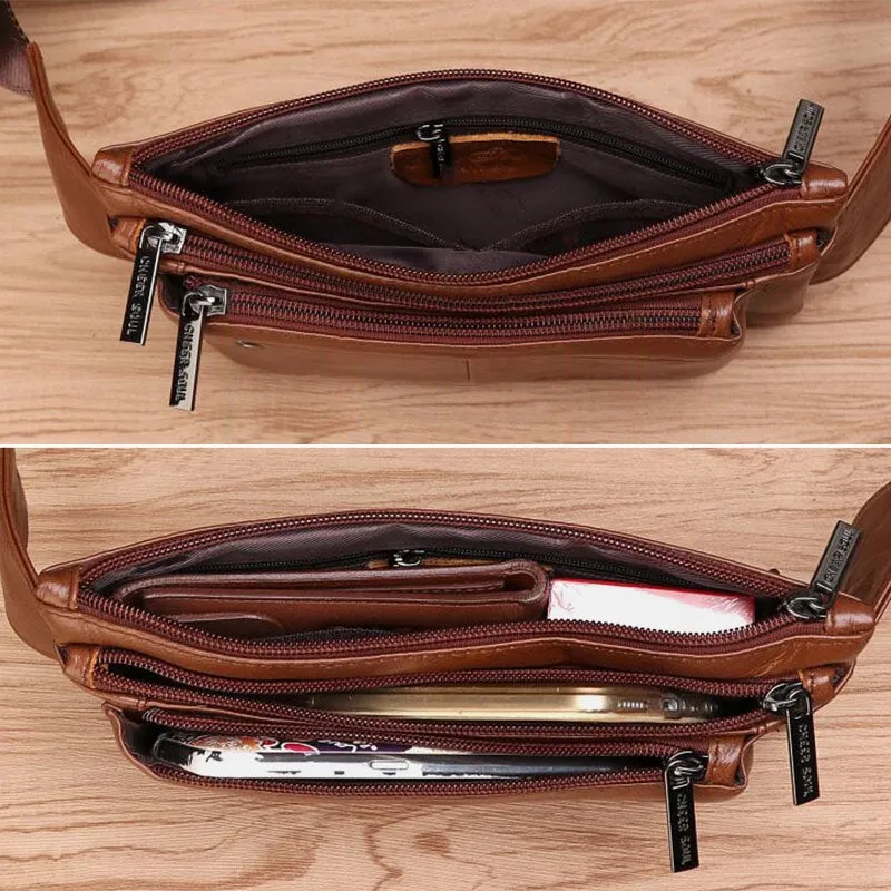 Men Multifunction Ultra-thin Multi-pocket Chest Bag Retro Casual 6.5 Inch Phone Bag Cowhide Crossbody Bags Shoulder