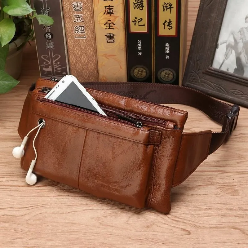 Men Multifunction Ultra-thin Multi-pocket Chest Bag Retro Casual 6.5 Inch Phone Bag Cowhide Crossbody Bags Shoulder