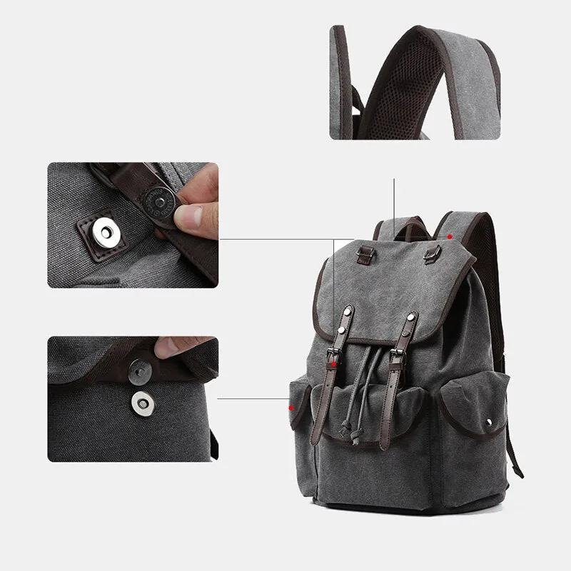 Men Washed Canvas Thickened Shoulder Strap Design Breathable Backpack Retro Casual 15.6 Inch Laptop Bag Drawstring Hasp