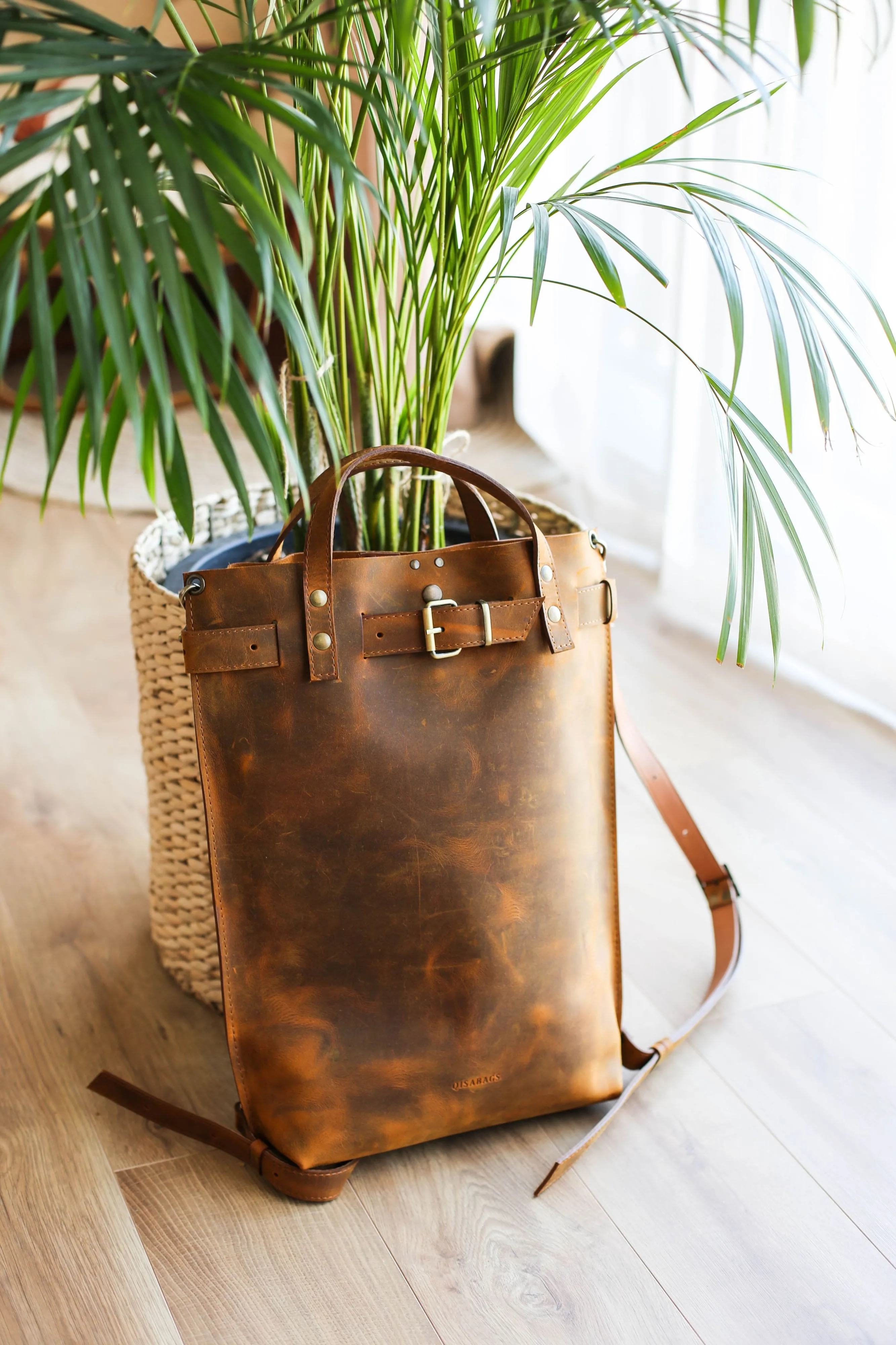 Men's Coffee Brown Leather Backpack