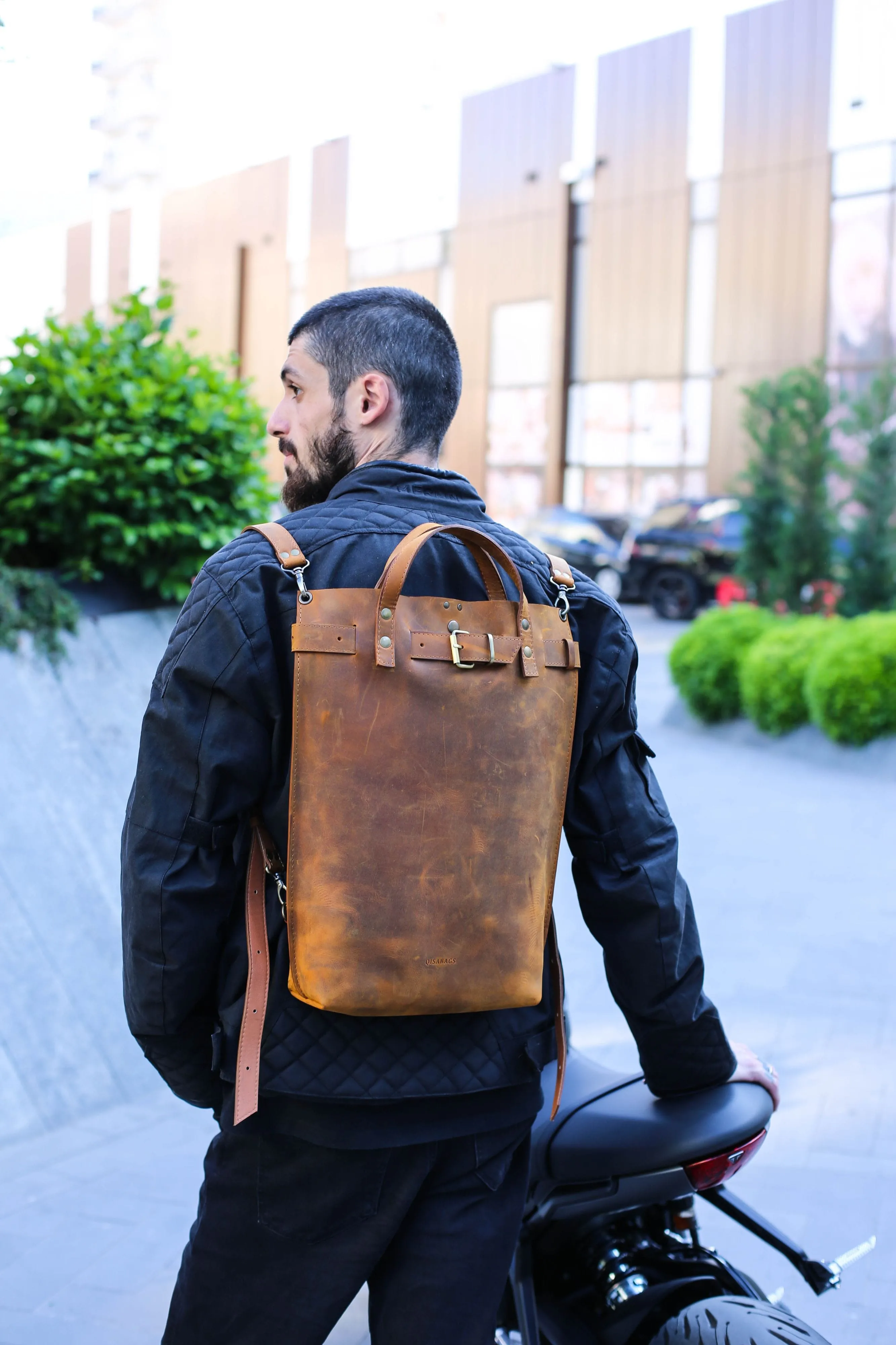 Men's Coffee Brown Leather Backpack