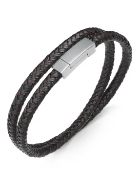 Men's Stainless Steel and Braided Leather Wrap Bracelet