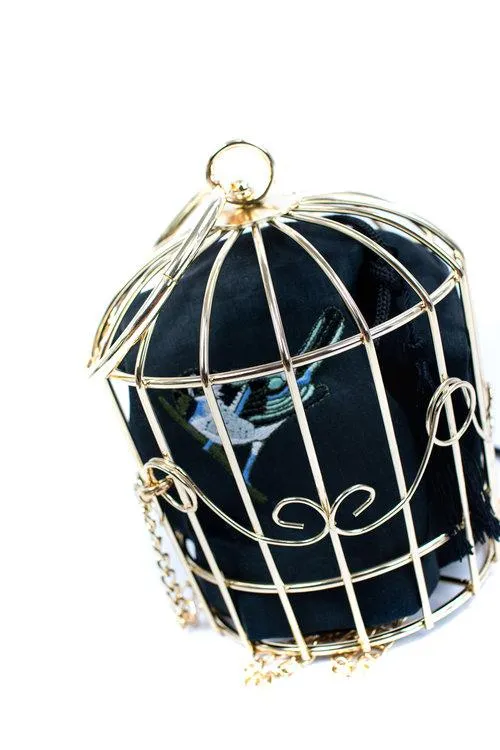 metal bird cage gold spiral bird embroidered pouch evening bag clutch- Tweety